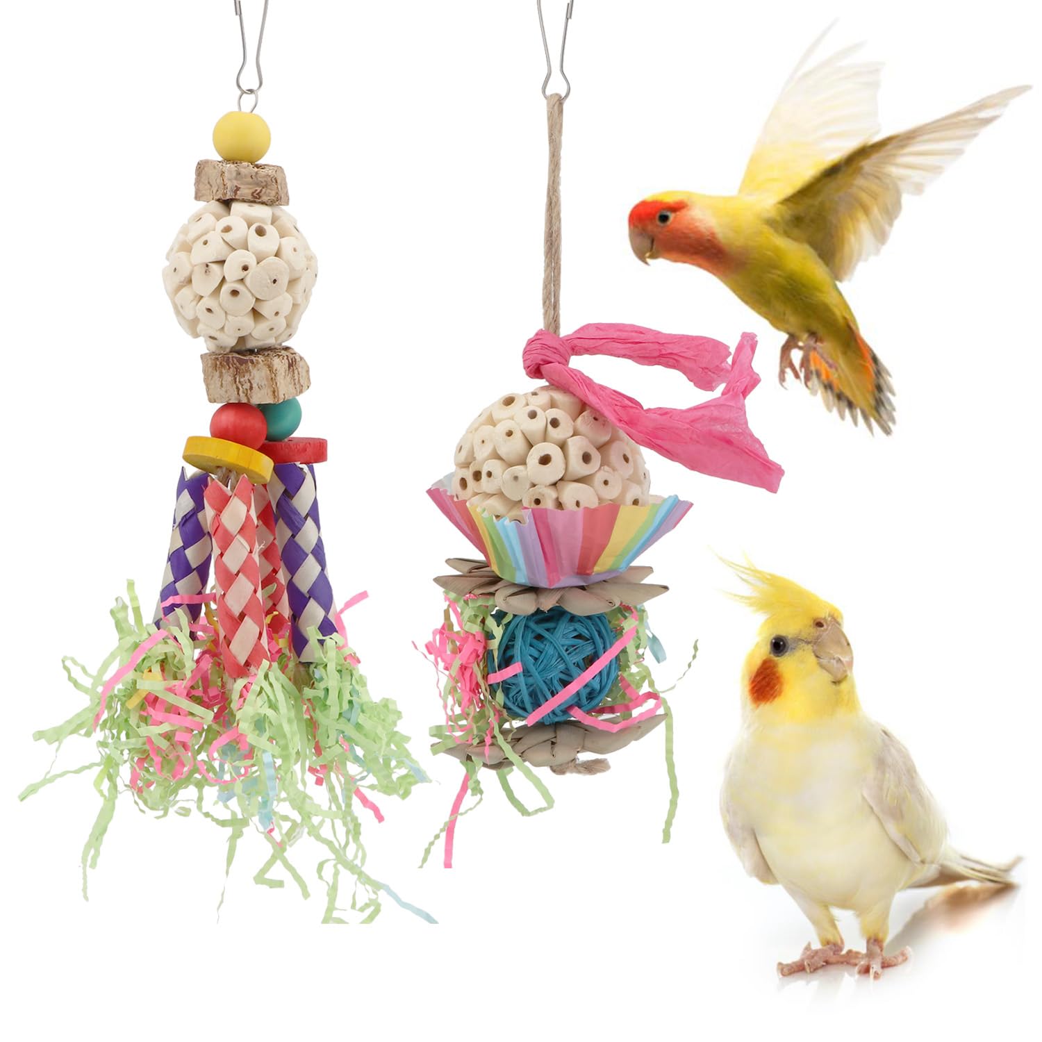Wontee Bird Toys Colorful Shredding Crinkles Foraging Toys Natural Sola Ball for Parrots Cockatiels Conures Parakeets Budgies Senegal (Sola Ball (2 Pack))