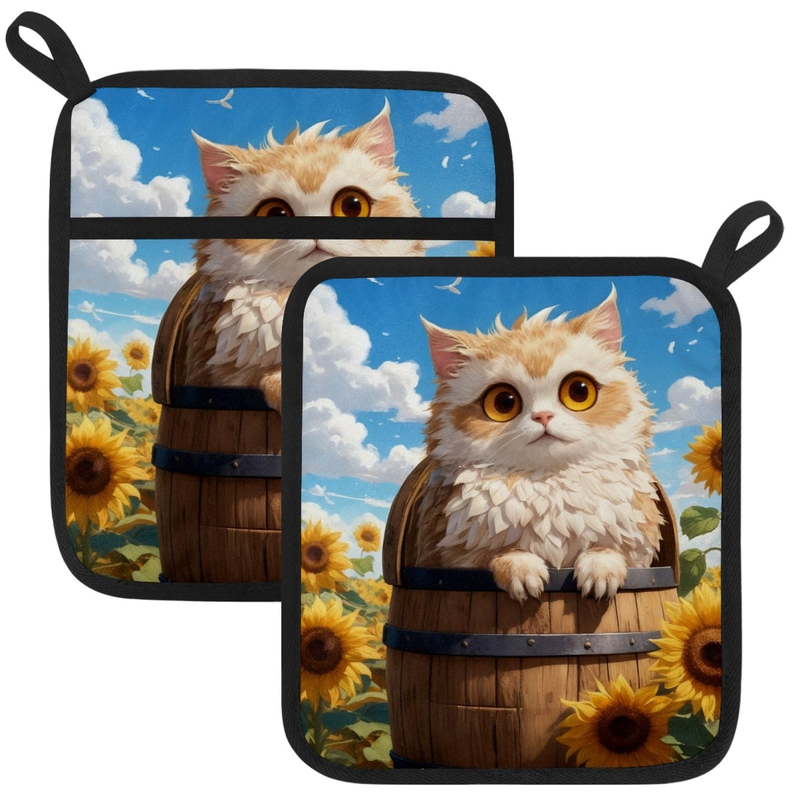 VAPOKF Owl Sunflower Pot Holders with Pocket for Kitchen Heat Resistant Potholders Large Polyester-Cotton Square Oven Mitts Set