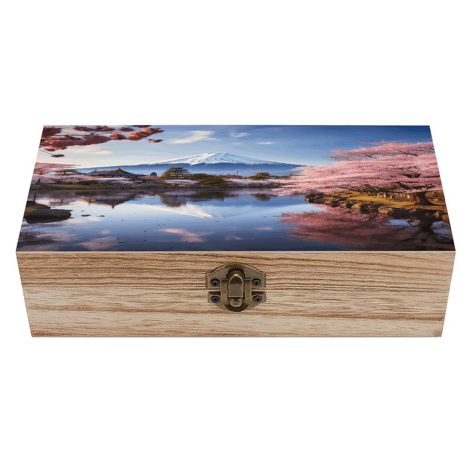 VstaDank Mount Fuji Cherry Blossom Trees Wooden Storage Box Wooden Keepsake Box with Hinged Lid Exquisite Solid Wood Decorative Jewelry Case Memory Box for Jewelry Photos Letters Crafts Trinkets