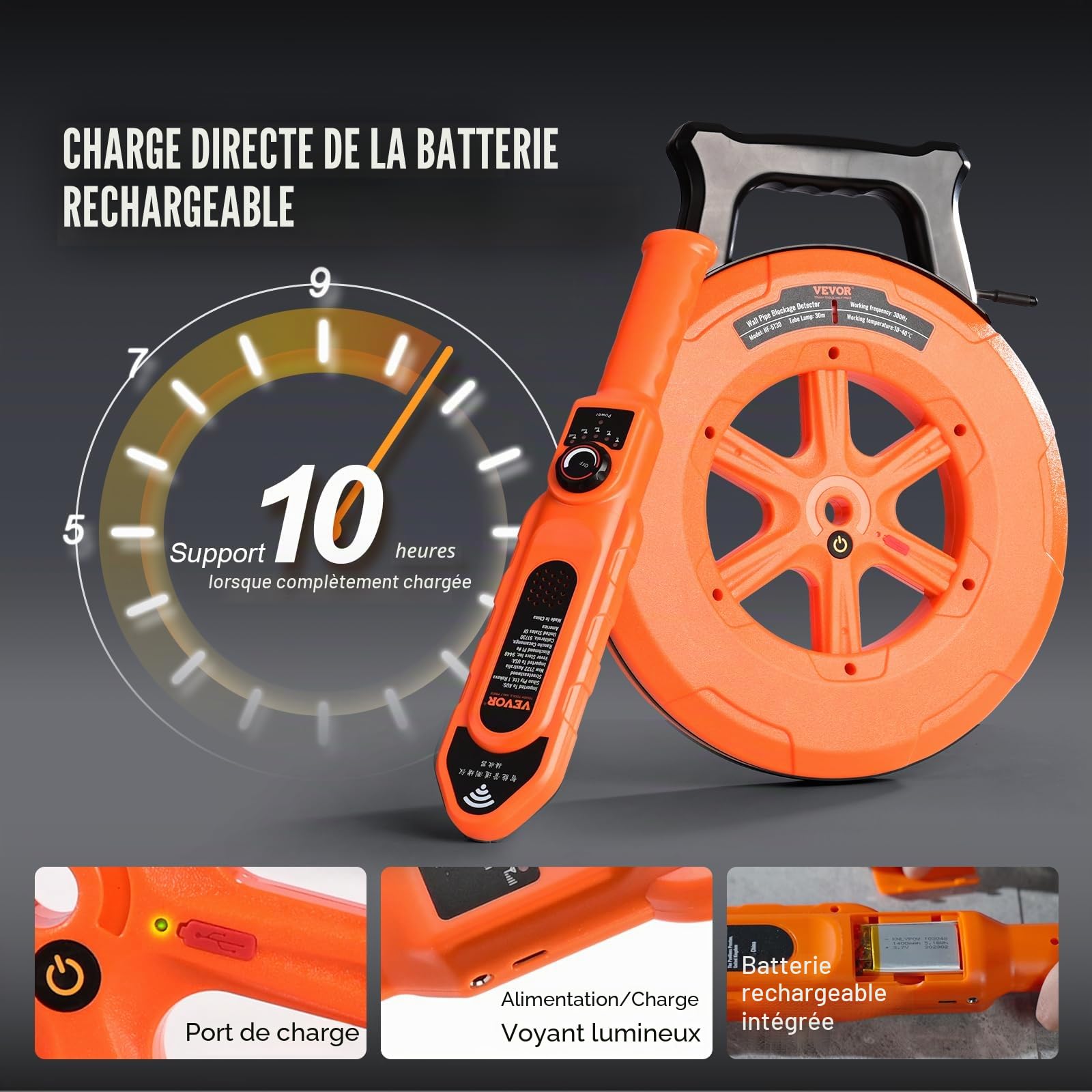VEVOR Détecteur de Blocage de Tuyau 30 m Localisateurs de Tuyaux Outil de Colmatage Étanche IP67 Sensibilité Ajustable Scanner Mur d'Égout Outil de Plomberie pour Tuyaux d'Eau en PVC Plastique Métal