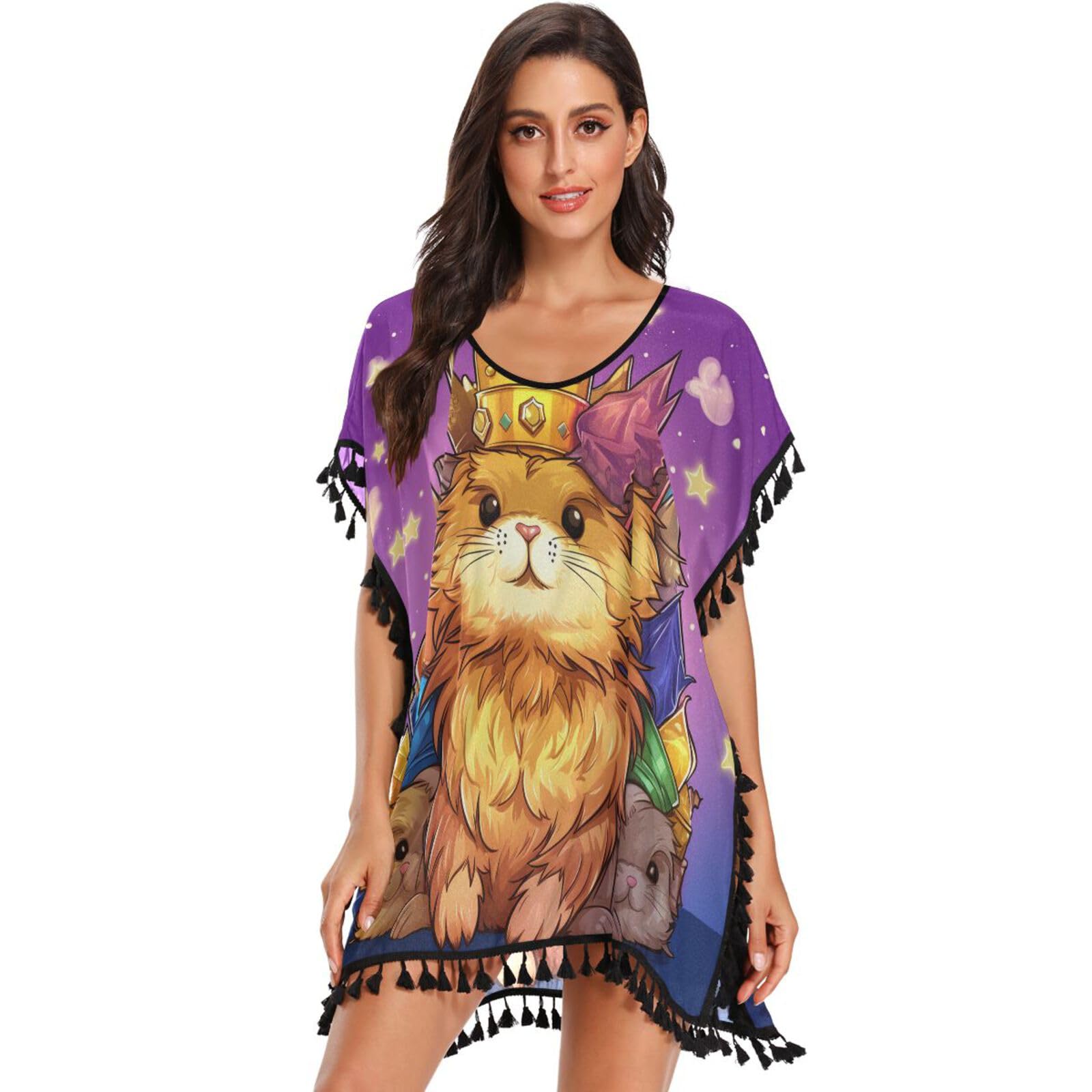 Doodle Style Cute Rabbit Women's Beach Cover Up Chiffon Tassel Swimwear Swimsuit Coverups for Girl