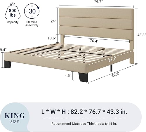 Miniatura 2 de Allewie Base de cama de plataforma tamaño King con cabecera tapizada de tela y soporte de listones de madera, base de colchón totalmente tapizada,