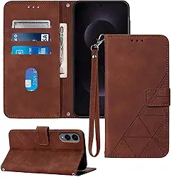 Capa carteira para celular S25 Edge, compartimento para cartão com alça de pulso TPU para proteção interna, capa flip de couro PU para Samsung Galaxy S25 Edge (marrom)