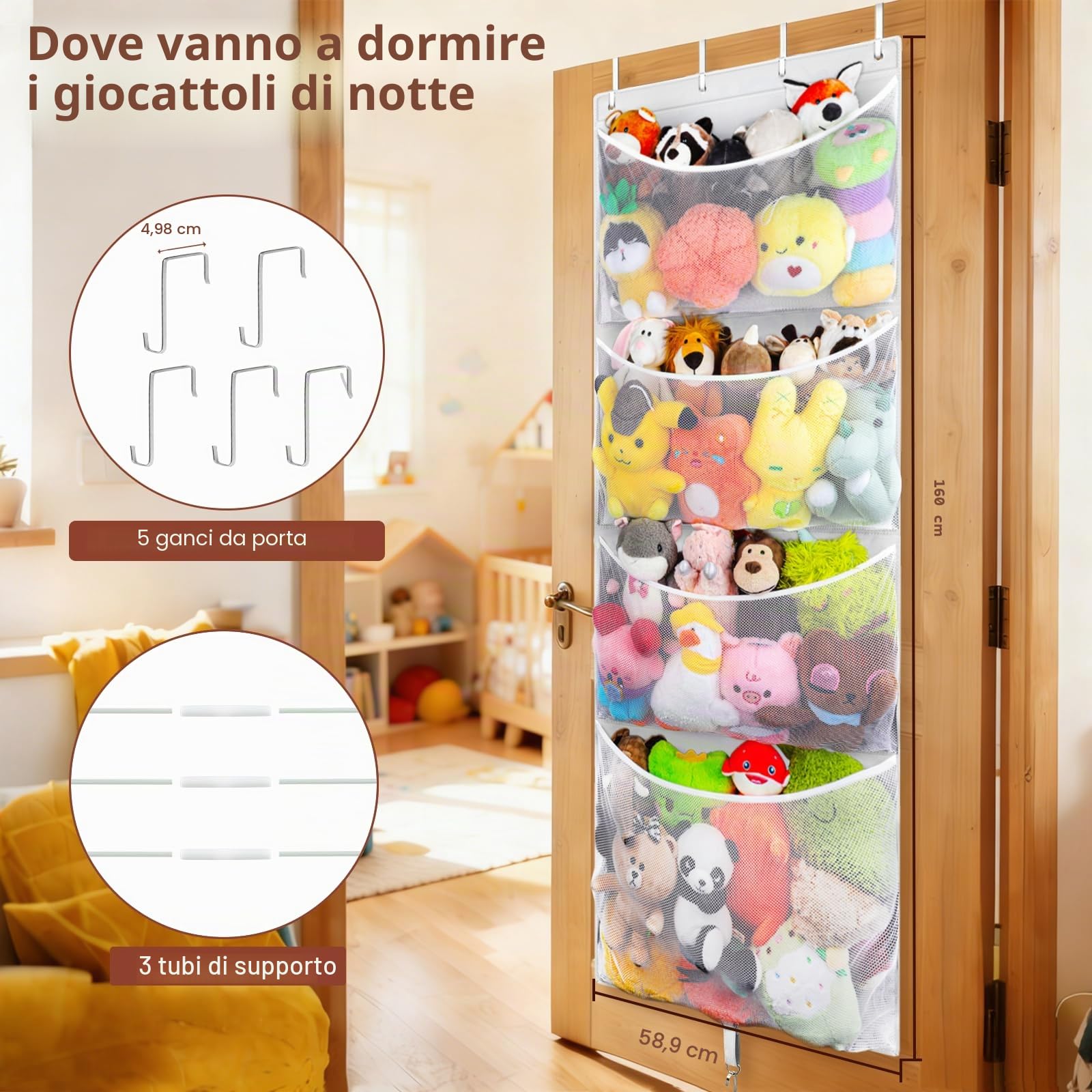 Contenitore per animali di peluche da appendere, grande organizer per giocattoli di peluche con gancio in metallo, idea per asilo nido, borsa a rete per bambole e orsi, per camera dei