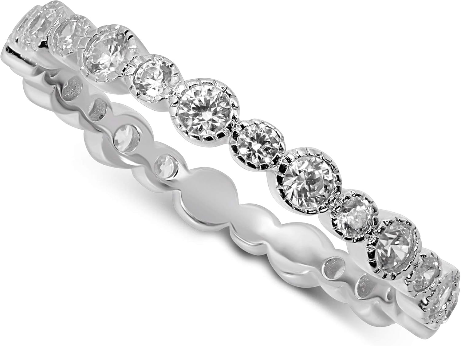 スワロフスキージルコニア 925 スターリングシルバー バンド レディース ハンドセット ブリリアント ラウンド スワロフスキー キュービック ジルコニア 合計 1/2 カラット ミルグレイン エッジ バンド リング サイズ 5 6 7 8 9、メタル、キュービックジルコニア