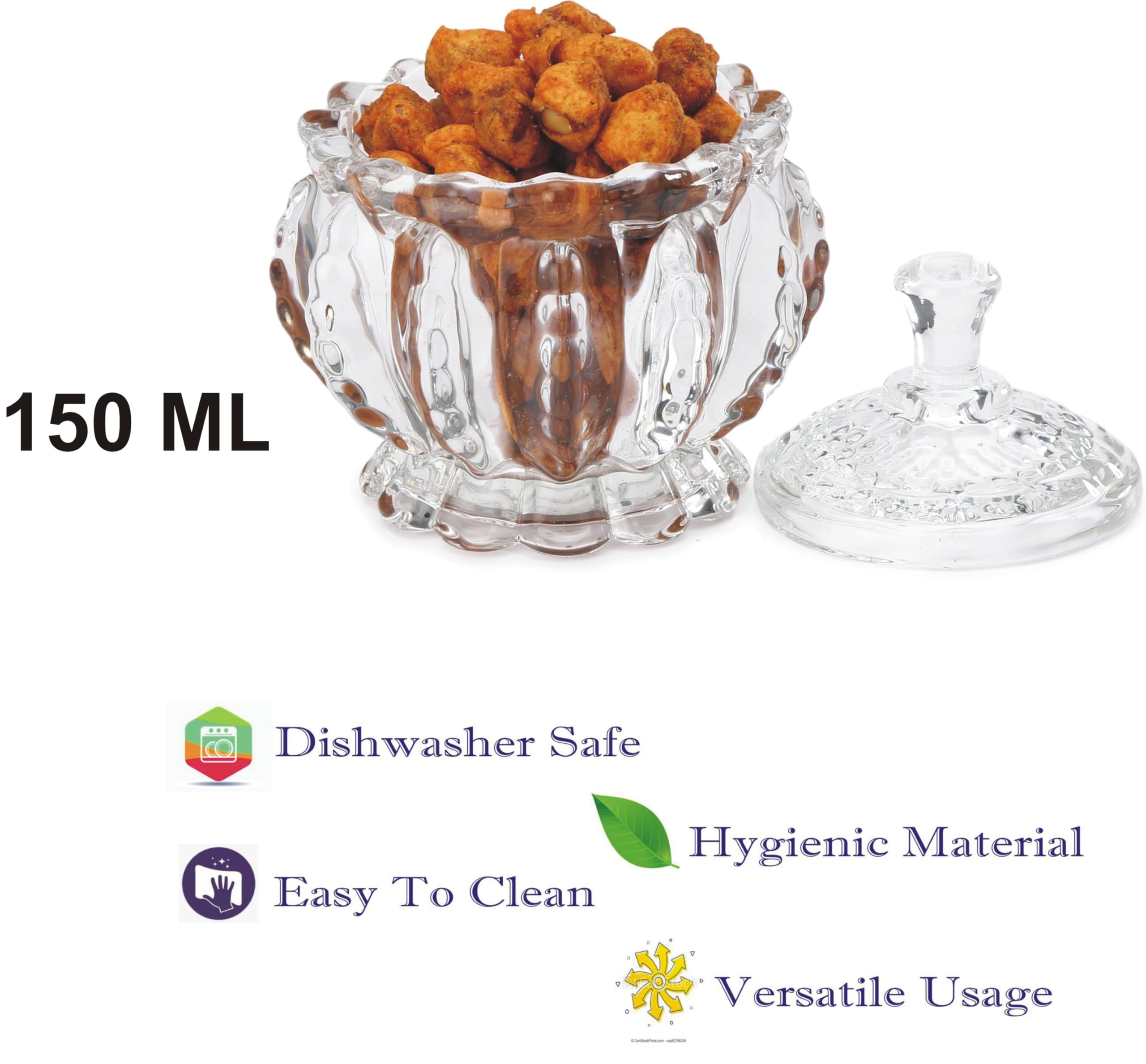 Somil Stylish Glass Candy Bowl with Lid for Sugger, Sweet, Candy, Mouth Freshner, Clear, Glass, 150 Ml, 9.5 X 9.5 X 11.5 Cm 2