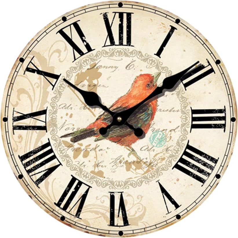 Yeyo 12 Inch Silent Wooden Wall Clock Pretty Bird Picture Home Decoration French Country MDF Wooden Clock Painted Retro Style for Home Living Room Office (12inch)