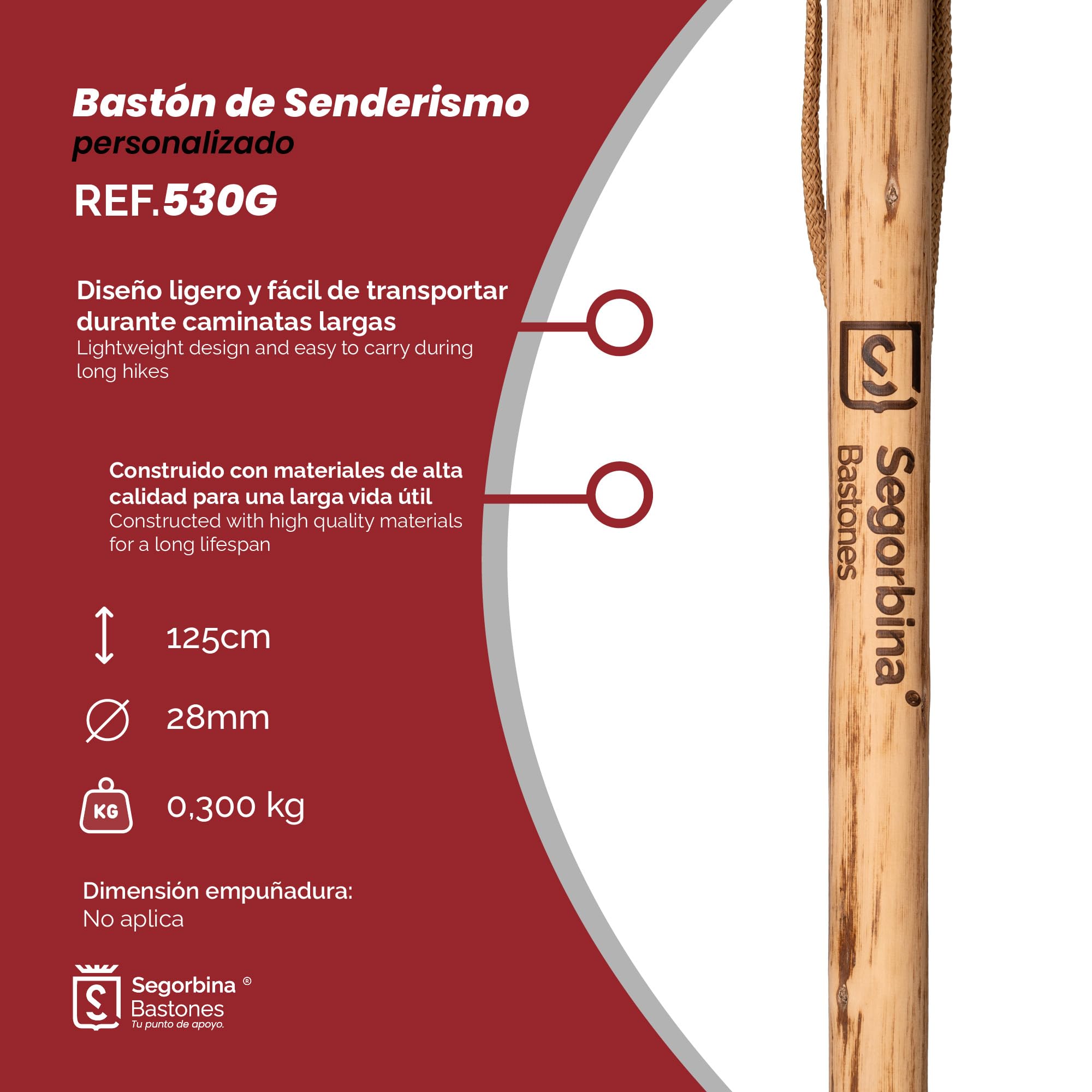 Bastone da trekking personalizzato in legno leggero e resistente, con corda di fissaggio e punta in metallo 125 cm