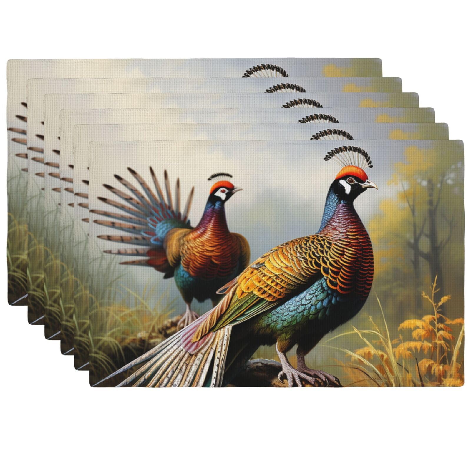 Placemats Set Pheasants Animals Table Place Mats Heat Resistant Weave Linen Table Mats Stain Resistant Foldable Placemat Washable Wipeable Kitchen Place Mat for Dining Table One Size