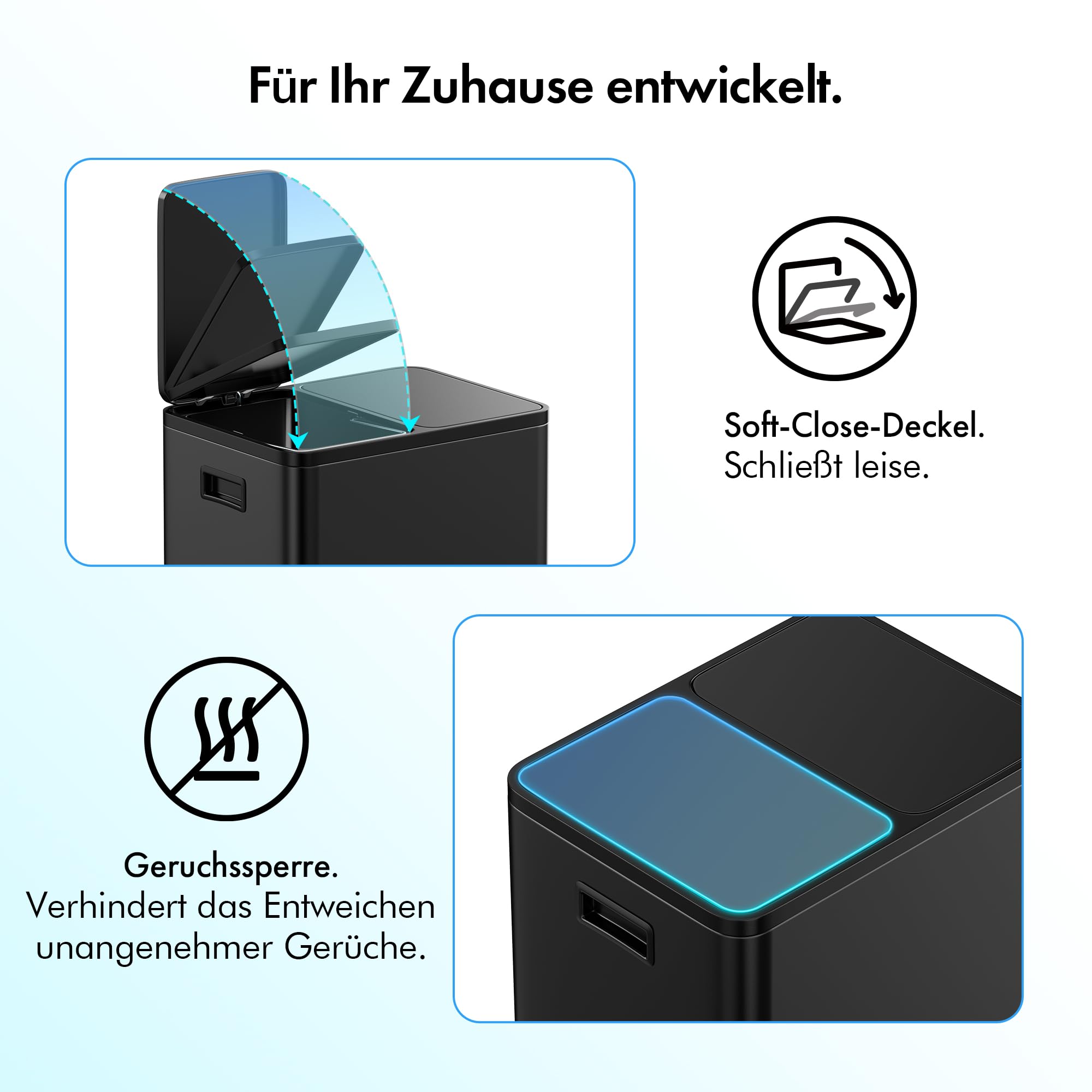 VonHaus Mülleimer 30L, Mattschwarz, Küchenmülleimer 2 Fächer, Doppelmülleimer 2 x 15L, Mülltrennsystem, Rutschfester Standfuß, Herausnehmbare Inneneimer, Luftdichter Abfalleimer