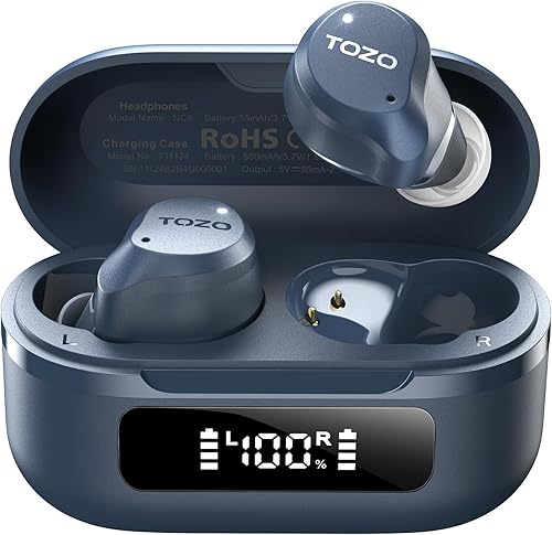 TOZO NC9 Auriculares inalámbricos híbridos con cancelación activa de ruido, 6 micrófonos ENC Clear Call, IPX8 impermeable, auriculares intrauditivos