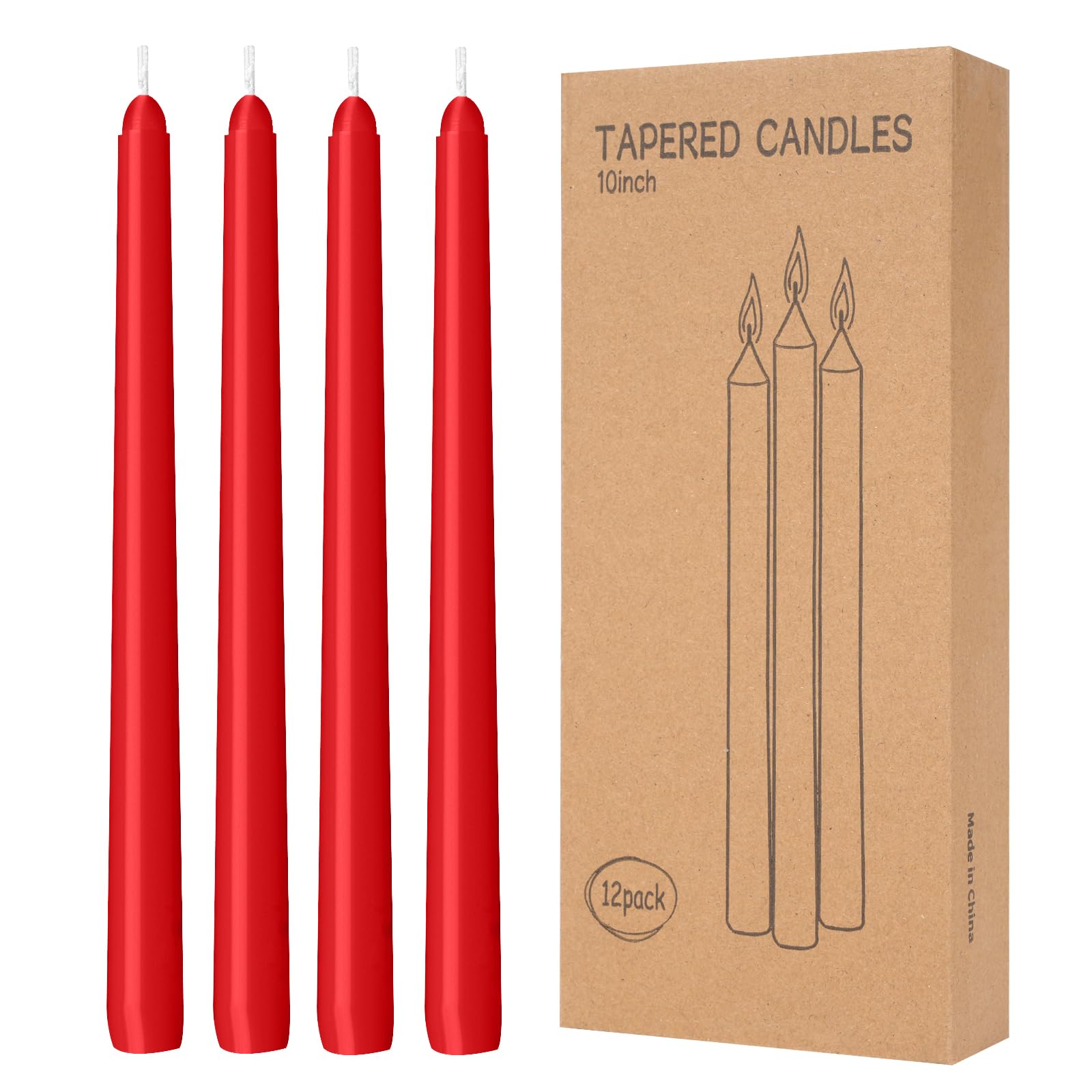 12 Pack Red Taper Candles - Taper Candles 10 Inch Dripless, Smokeless & Unscented - 8 Hours Long Burning - Hand Poured Tall Candlesticks - Ideal for Weddings, Dinner Parties, and Home Decor