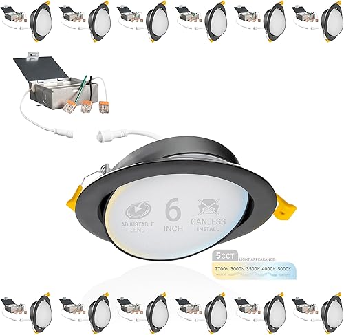 NUWATT Paquete de 12 Luz empotrable LED ultrafina de cardán de 6 pulgadas, 2700K3000K3500K4000K5000K seleccionable, 950 lúmenes regulable, luz de