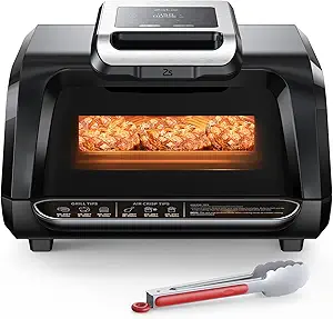 7-in-1 Indoor Grill Air Fryer Combo with Viewing Window, 1750W Low-Smoke Electric Contact Grill up to 450°F, Non-Stick Removable Plates, Even Heat, w/Silicone Tongs, 4Qt