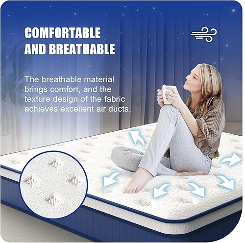 Miniatura 2 de Colchón tamaño King de 80 x 76 x 10 pulgadas, algodón suave y transpirable, diseño ergonómico, resortes reforzados con bolsillos individuales,