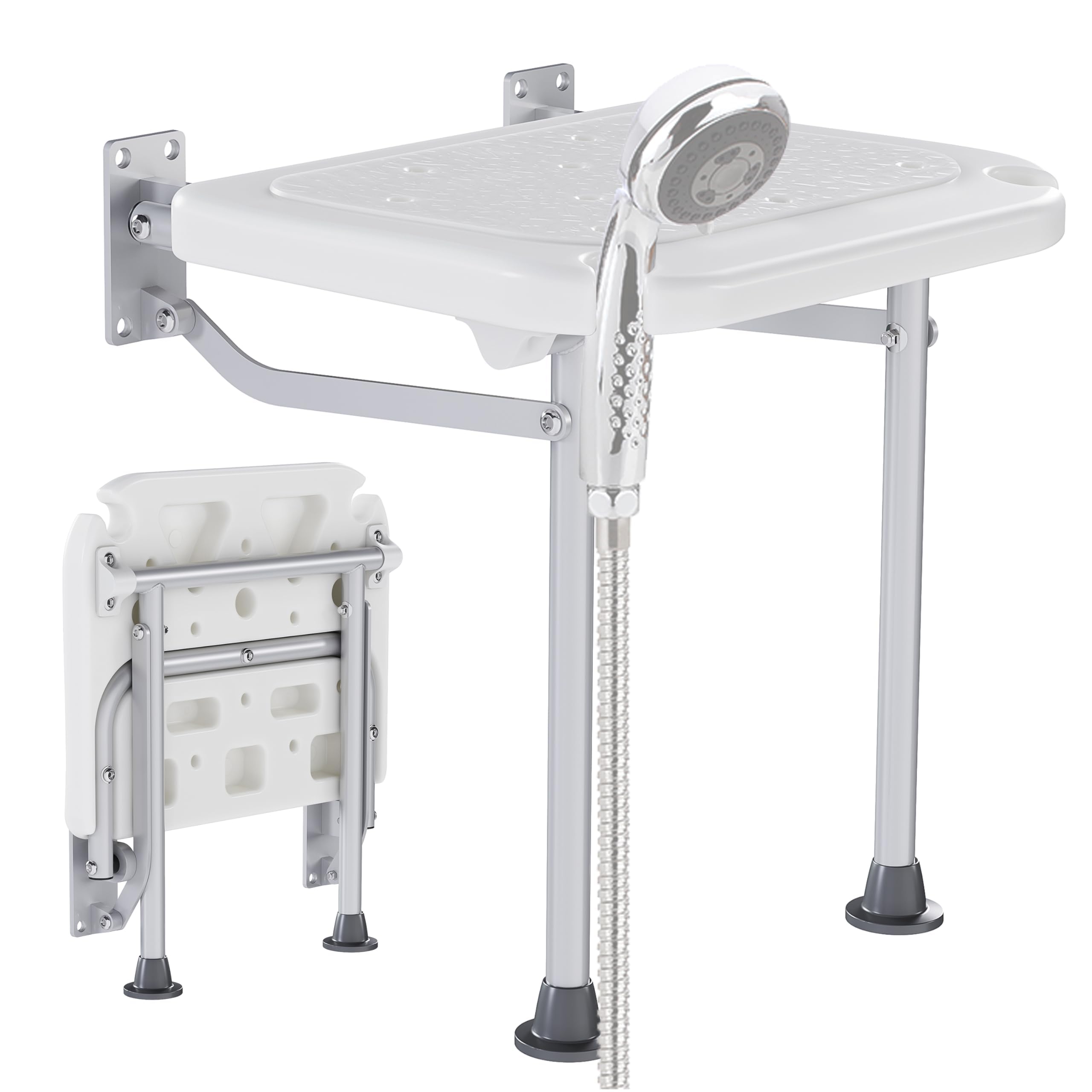 KUAFU Folding Shower Seat, Wall Mounted Bathroom Bathtub Safety Stool, Foldable Shower Chair W/Support Legs for Inside Shower, Bath Bench Pregnant Woman, Seniors, Elderly and Disabled White 400LBS