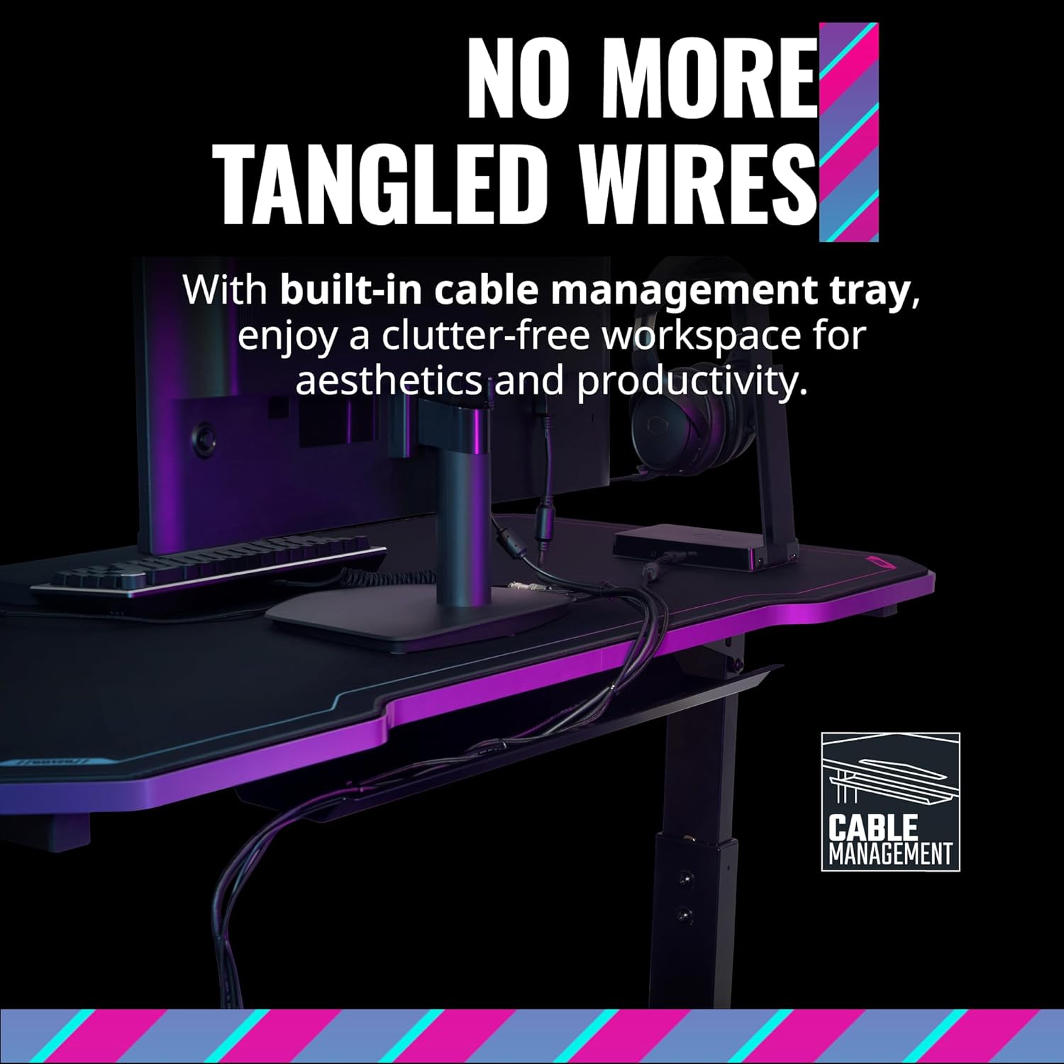 Cooler Master GD120 V1 PC Gaming Desk, Full Surface Water-Repellent Mousepad, 220lbs Weight Support, 3 Height Levels, Cable Management Tray, 47.2D x 23.6W Workstation|Home Office