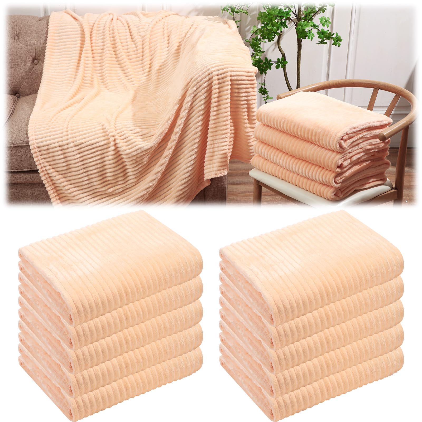 Buryeah 10 Pieces 50 x 60 Inches Fleece Throw Blanket Soft Blanket Cute Warm Plush Flannel Fluffy Blankets for Sofa Couch Bed Seasons Employee Appreciation Gifts Bulk(Light Beige)
