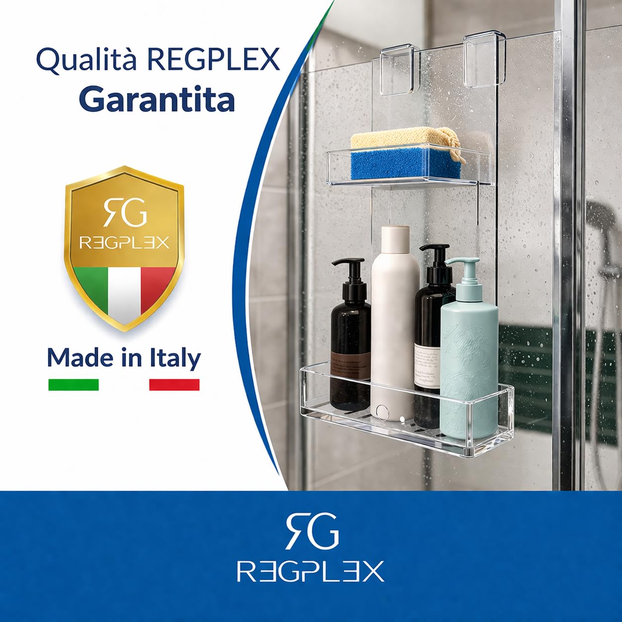 REGPLEX Porta Shampoo da Doccia in Plexiglass - Installazione Facile senza Forare, Adatto per Box Doccia da 6 fino a 40mm Vedi Varianti - Design Monoblocco, Made in Italy (Spessore Vetro 6-15mm)