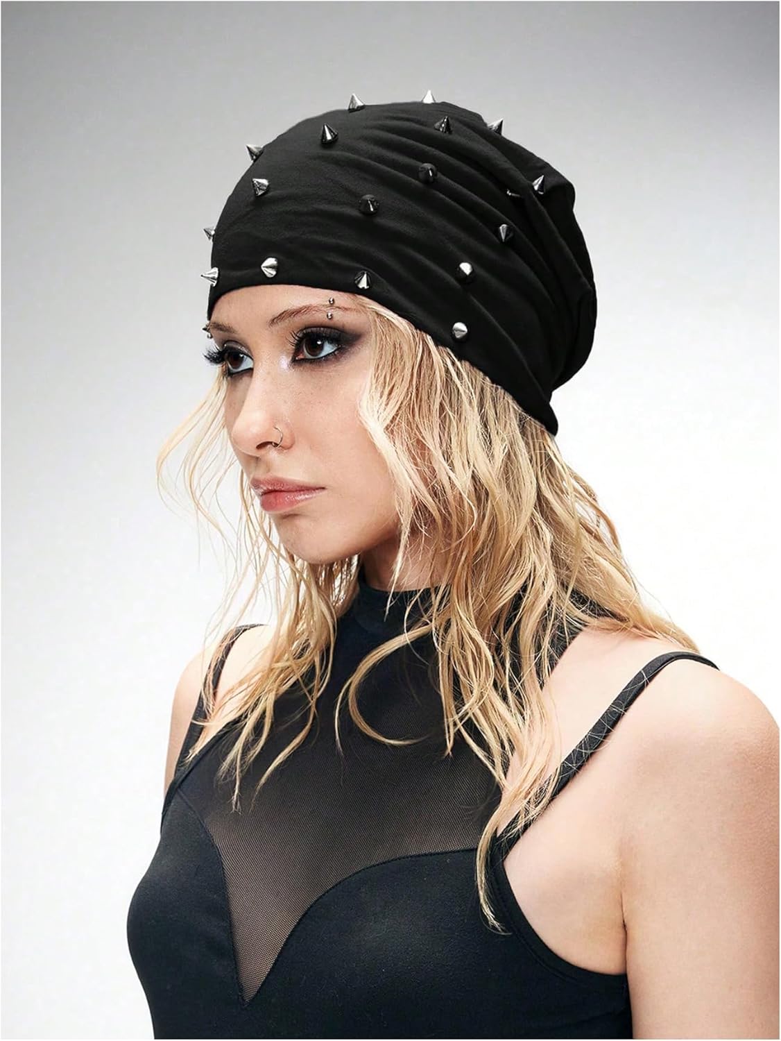 WDIRARA Women's Gothic Punk Beanie Rivet Studded Rock Skull Caps Beanie Hats - Image 4