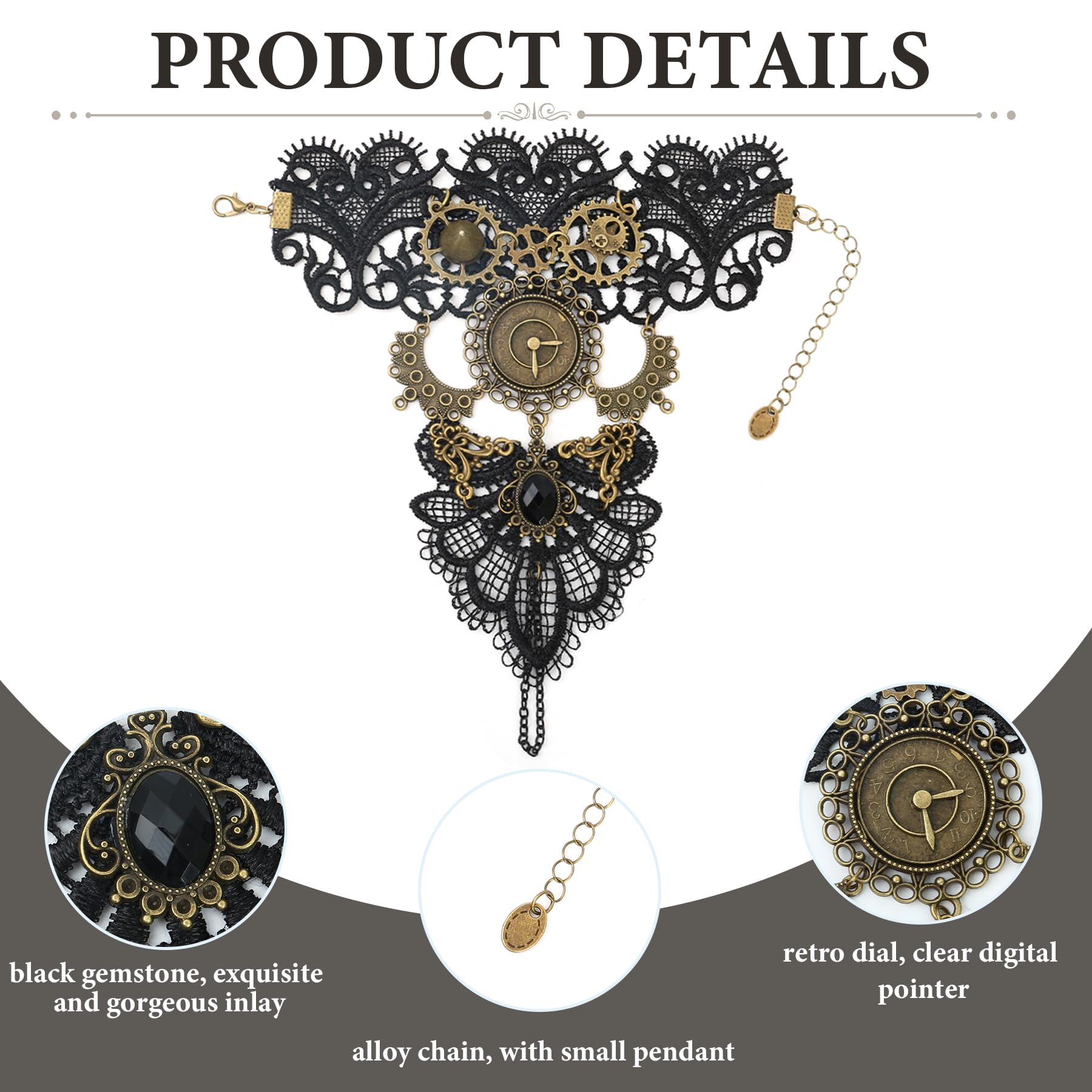 Wasise Steampunk Accessories, 2PCS Punk Accessories for Women Gothic Lace Gloves with Alloy Gears and Clock - Image 3