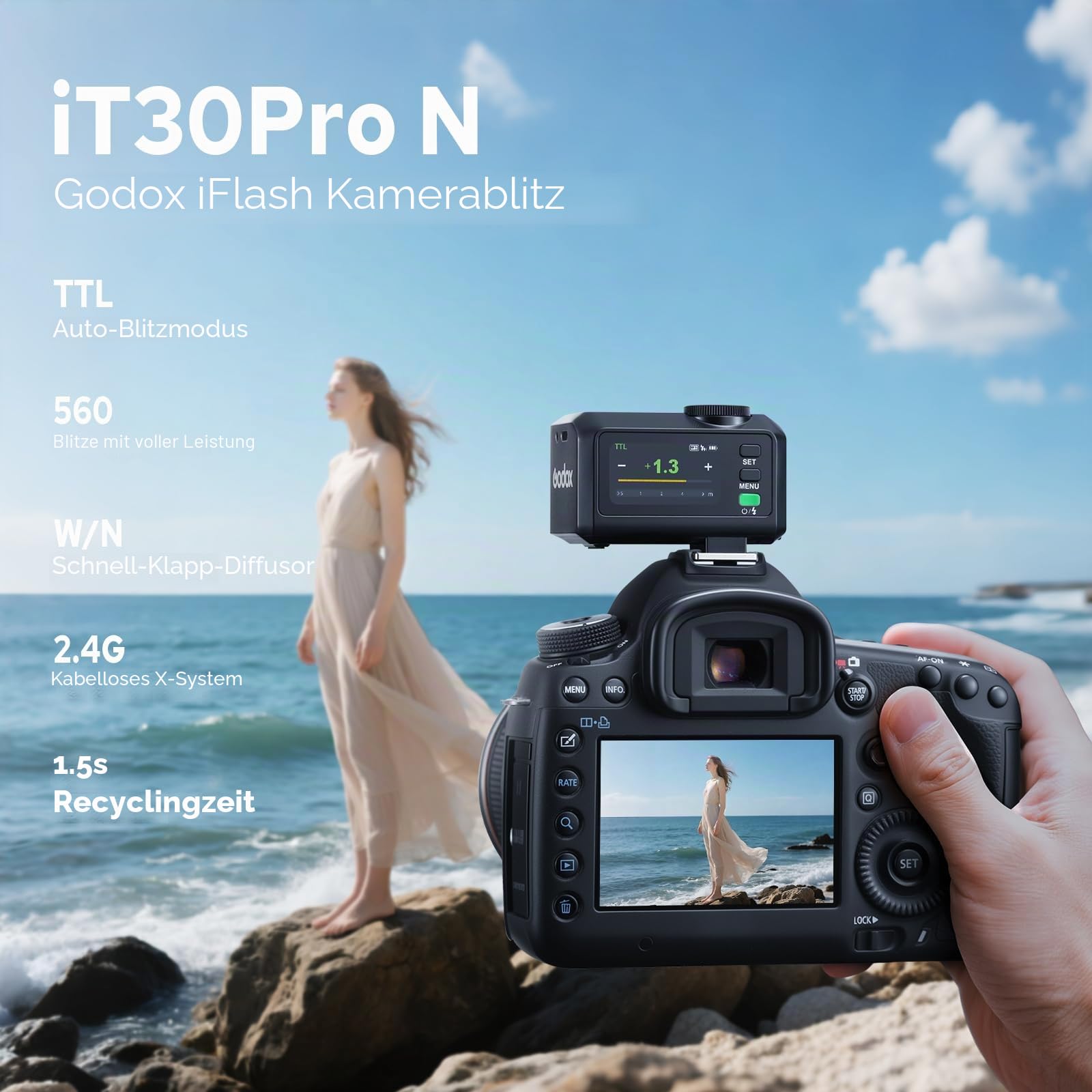 Godox IT30PRO-N Taschenblitz, kompatibel mit Nikon Z9, Z8, Z7II, Z6, ZFC, Touchscreen, Lithium-Akku, eingebauter Diffusor, USB-Aufladung, Schnellwechselschuh