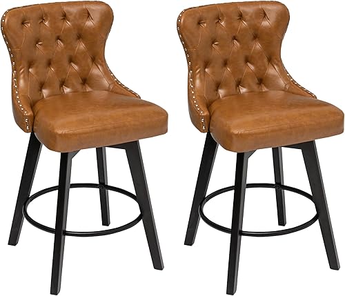 BARNUT Taburetes de mostrador, taburetes de bar giratorios de 26 pulgadas con cabeza y respaldo de clavos, taburetes de bar con patas de madera