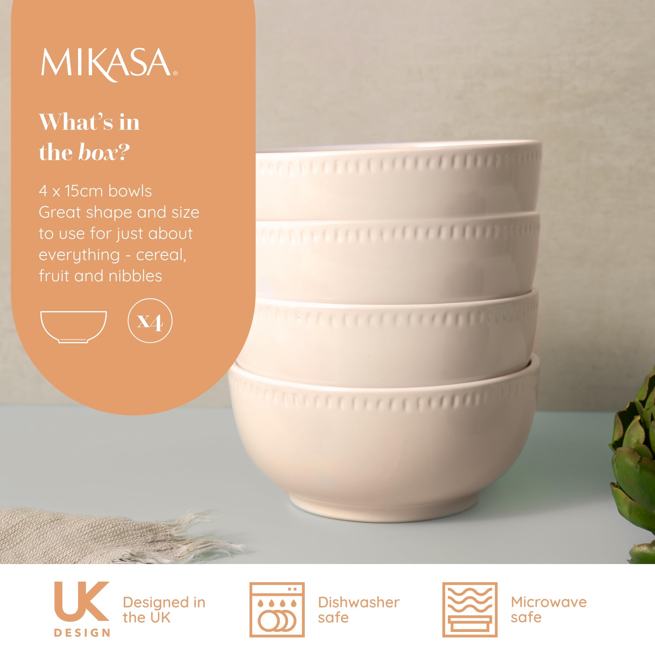 Mikasa Cranborne Set de 4 Cuencos de Cereales de Gres, Servicio para 4, Juego de 4 Cuencos de Cereal en Gres, 15cm, Crema - Apto para Microondas y Lavavajillas