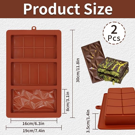 2 Pcs Deep Chocolate Bar Moulds Silicone Bars Mold Dubai Chocolate Bar Mould 1.2 Inch Thick Candy Bars Moulds
