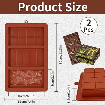 2 Pcs Deep Chocolate Bar Moulds Silicone Bars Mold Dubai Chocolate Bar Mould 1.2 Inch Thick Candy Bars Moulds