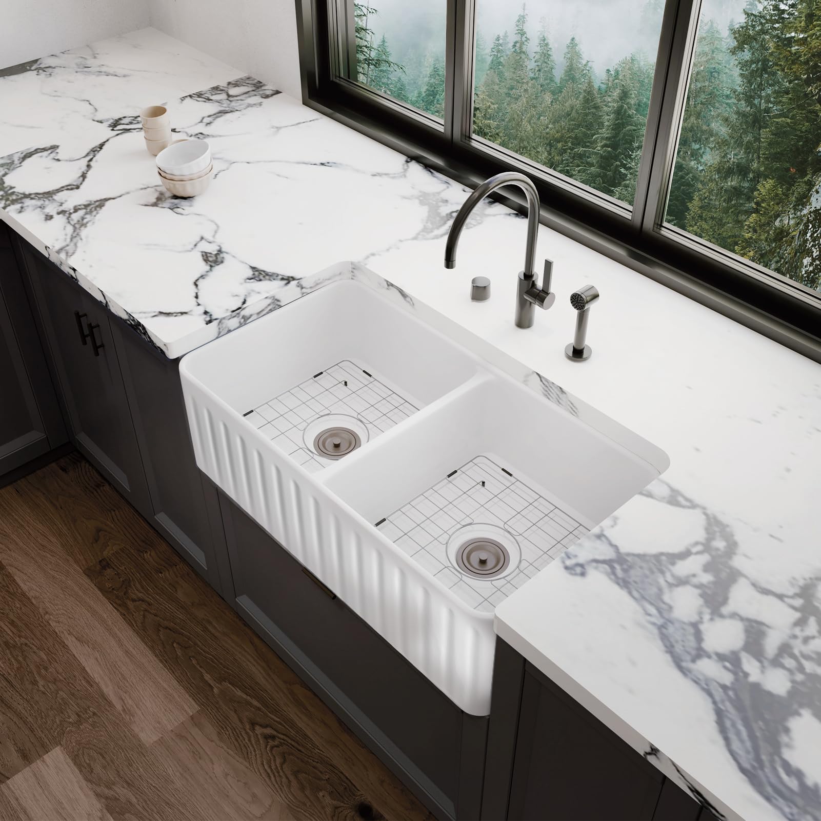 33" L x 18" W Double Bowl Farm Ceramic Kitchen Sinks, Double Bowl White Farmhouse Kitchen Sink Apron Front Gloss Farm Sink Ceramic Drop in Apron Front Sink with Accessories (9934)
