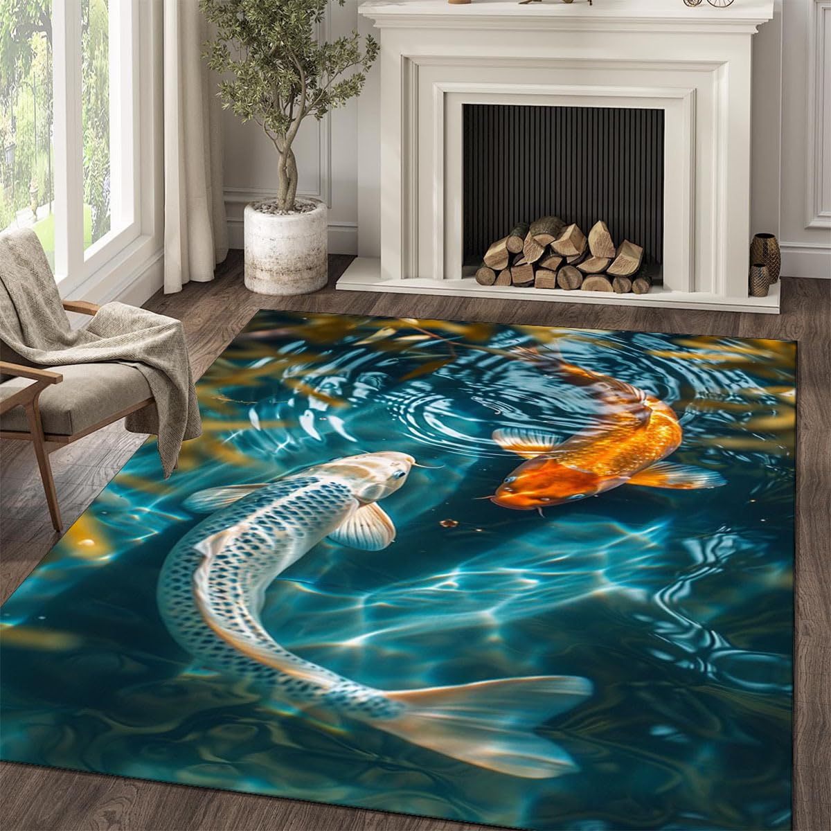 SMXVRC Carp Print Bedroom Rug, 180x300cm, Tranquil Koi Pond Scene Hallway Carpet, Sparkling Water High Traffic Rugs, Pet Friendly Absorbent Breathable Carpet for Farmhouse Bedside Dorm