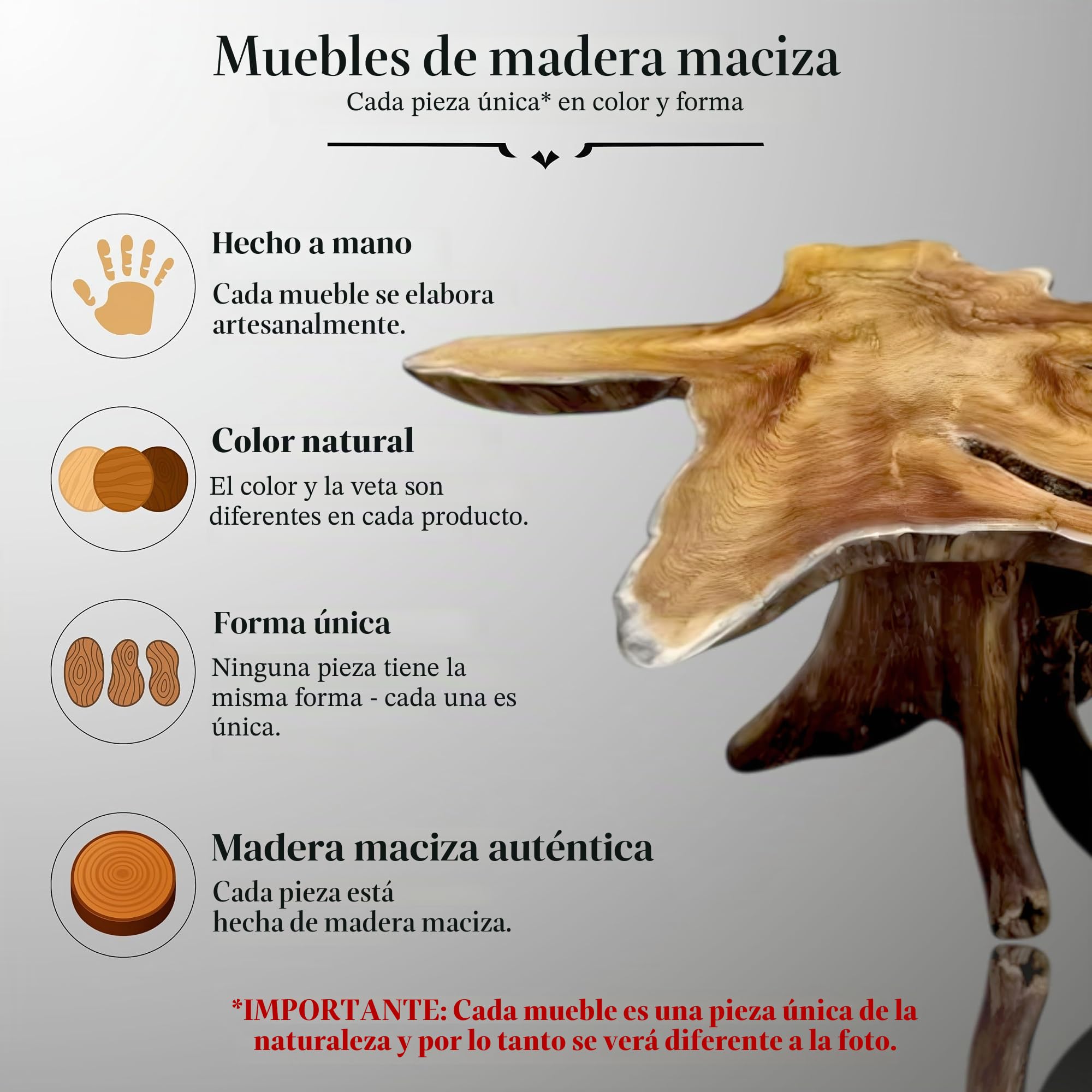 Kinaree ALOR Setar - Mesa de centro de madera maciza de teca maciza, diámetro 65-70 cm, con tablero de madera de raíz (50 x 65-70 cm)