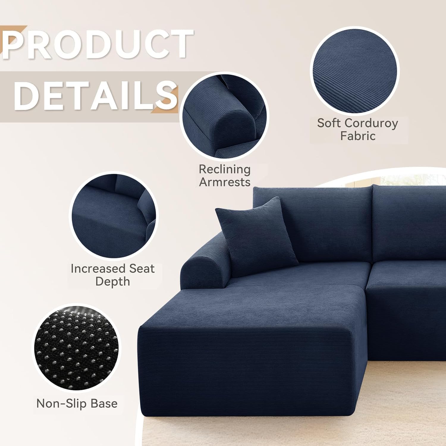 Modular Sectional Sofa with Chaise, Cloud Sectional Couch with Deep Seat, Modular L-Shape Sofa Corduroy Boneless Couch for Living Room,Bedroom,No Assembly Required(Navy Blue, Left Facing Chaise)