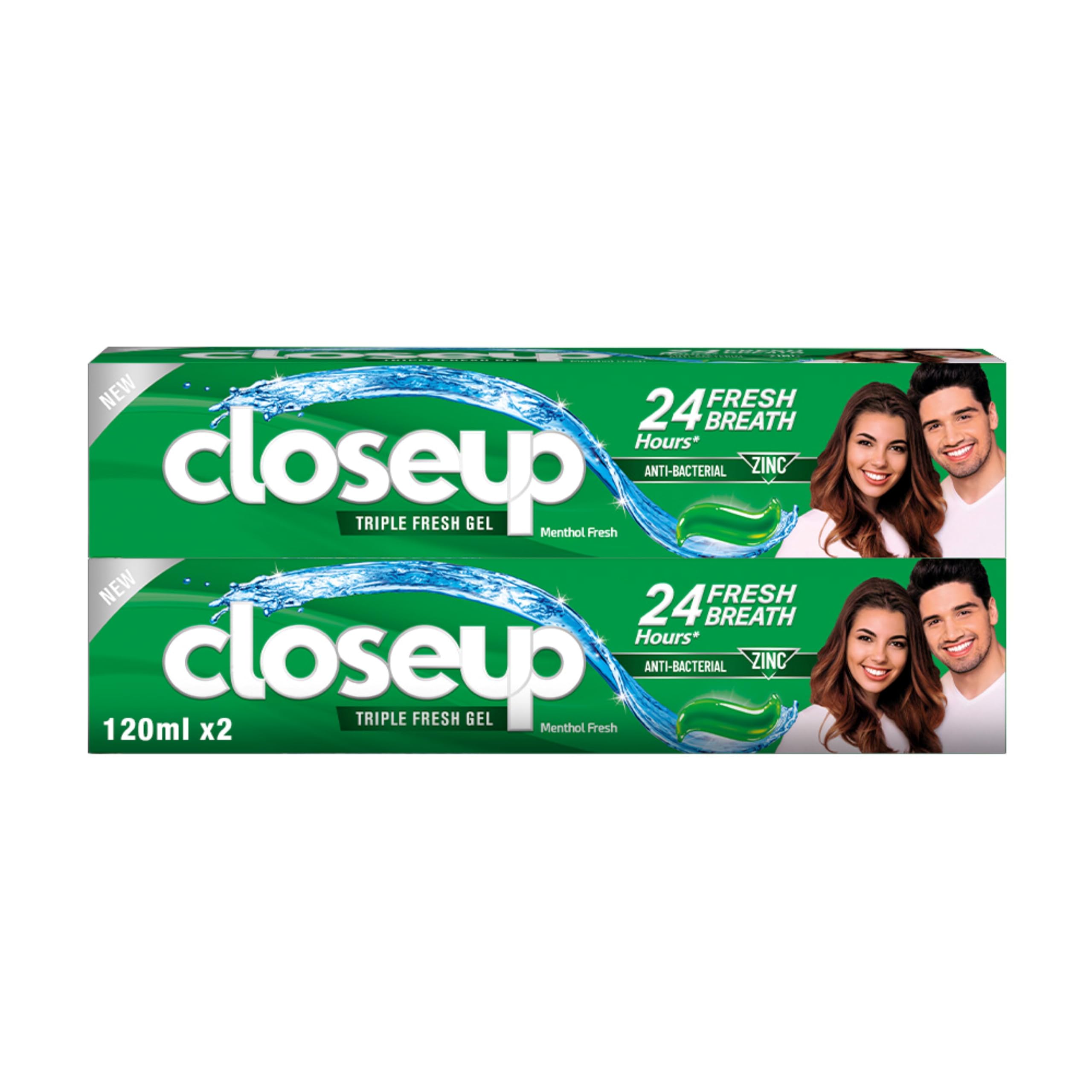 Triple Fresh Gel Toothpaste, Menthol Fresh, for 24HR fresh breath, 120ml x 2