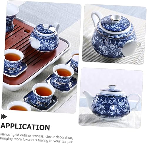 Miniatura 9 de Uonlytech Tetera de porcelana azul y blanca, tetera de cerámica, tetera de viaje, tetera retro, tetera portátil de cerámica con asa, tetera pequeña