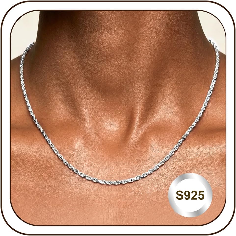 925 Sterling Silver Rope Chain Women's Necklace, 2mm Stainless Steel Twisted Rope Necklace, Durable and Smooth 14K Gold Plated Women's Chain Necklace 16 18 20 22 24 Inches