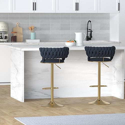 Miniatura 2 de KINFFICT Juego de 2 taburetes de bar giratorios de terciopelo, taburetes de bar ajustables con respaldo tejido, sillas de comedor tapizadas,