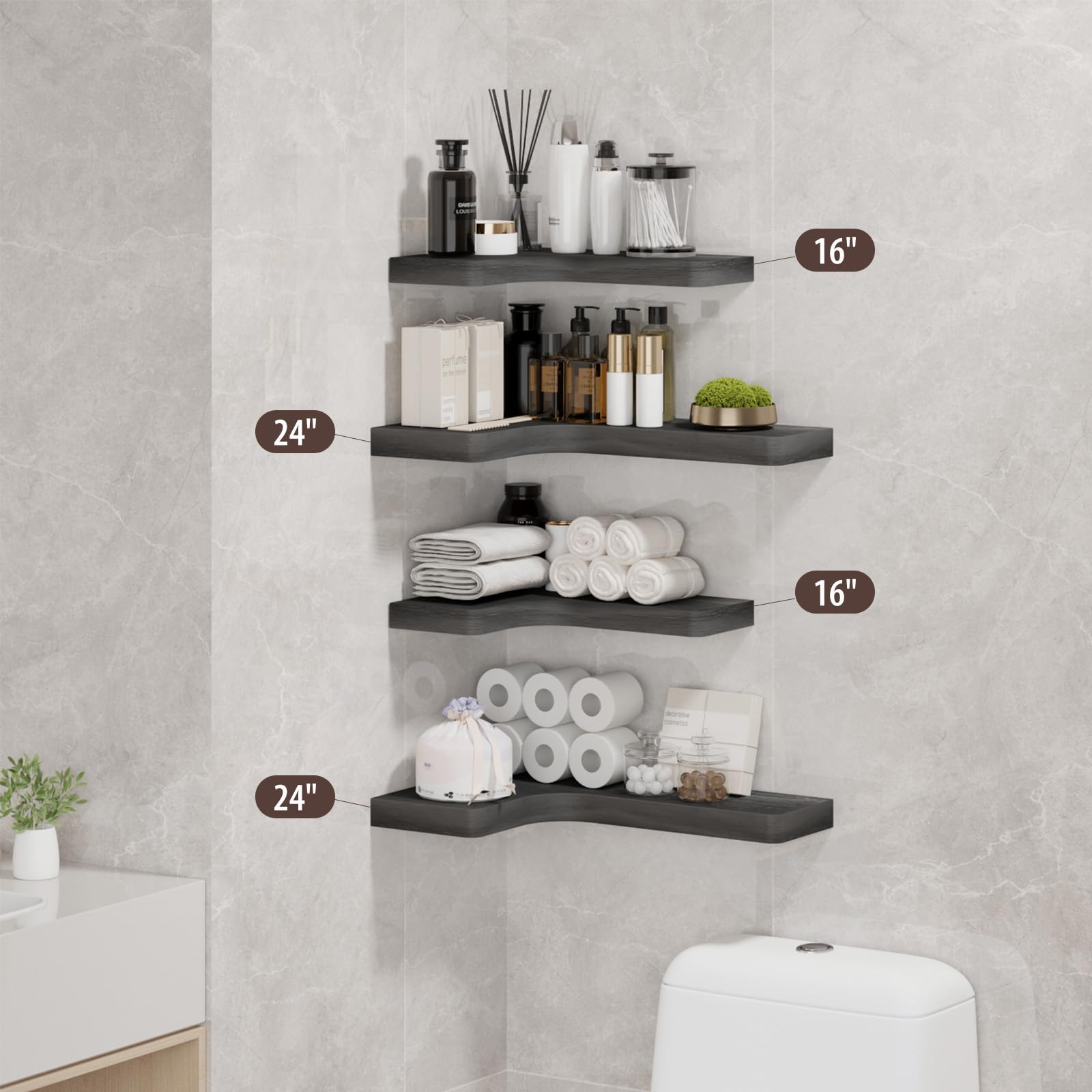 SAUMONIERES Juego de 3 estantes flotantes de esquina de madera maciza para dormitorio, baño, cocina, almacenamiento, color negro, soportes invisibles