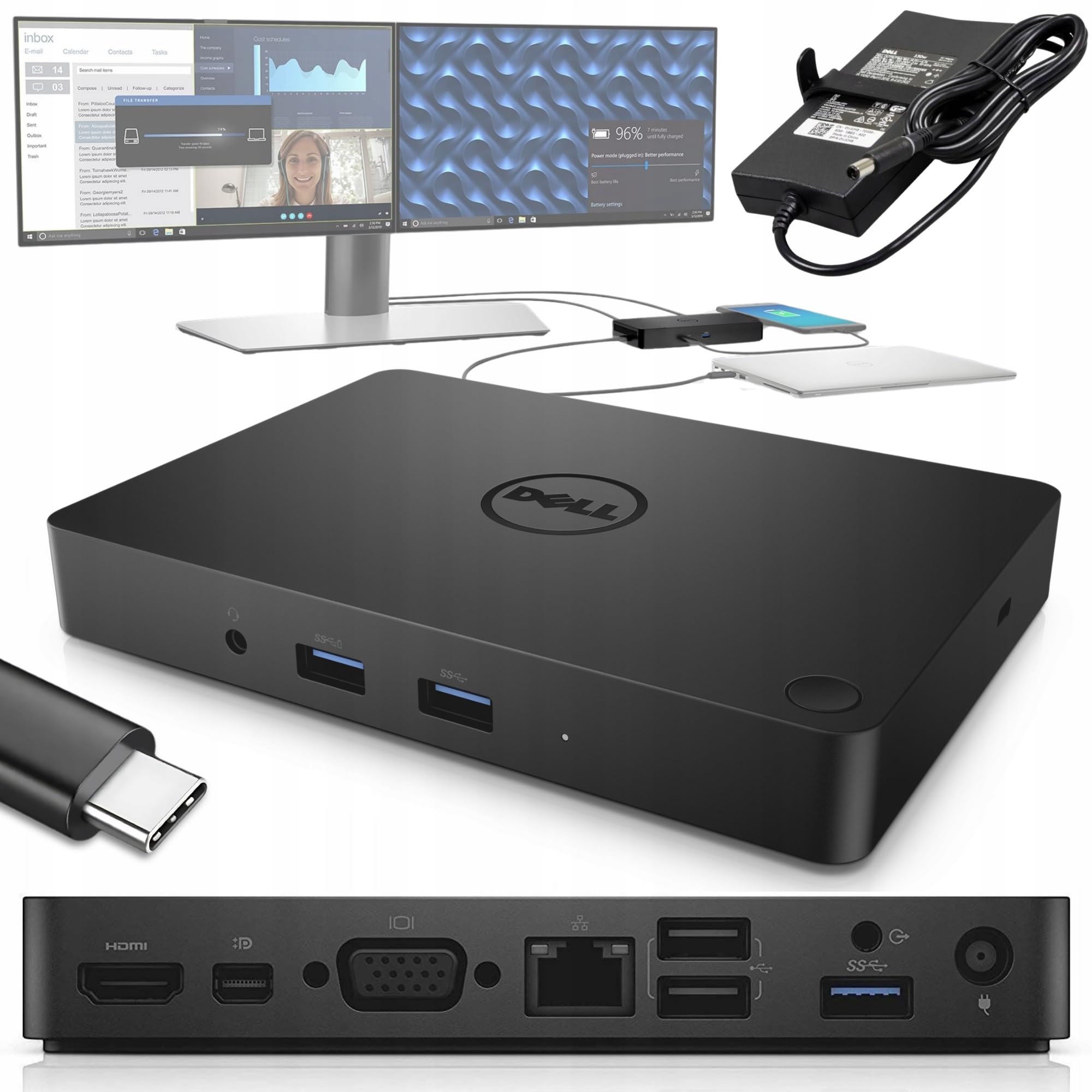Dell WD15 Station d'accueil USB-C Noire pour Ordinateur, Ordinateur Portable et MacBook Pro avec Port USB-C et connectivité Ethernet