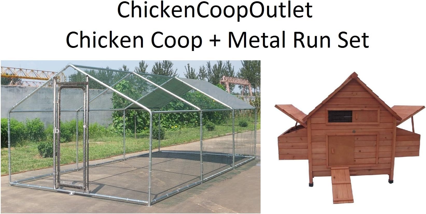 ChickenCoopOutlet Wood 62" Chicken Coop w/6 Nexting Boxes + 10'x20'ft Large Metal Chicken Run