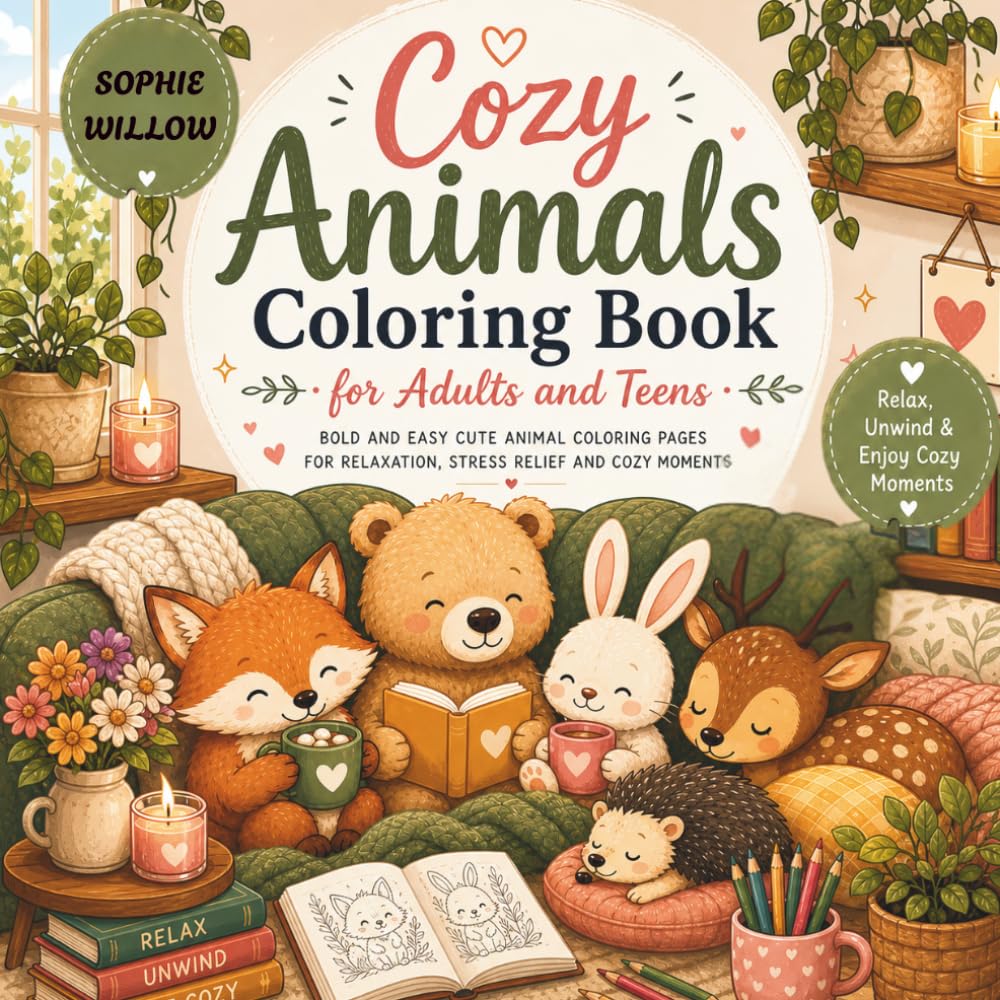 Cozy Animals Coloring Book for Adults and Teens: Bold and Easy Cute Animal Coloring Pages for Relaxation, Stress Relief and Cozy Moments