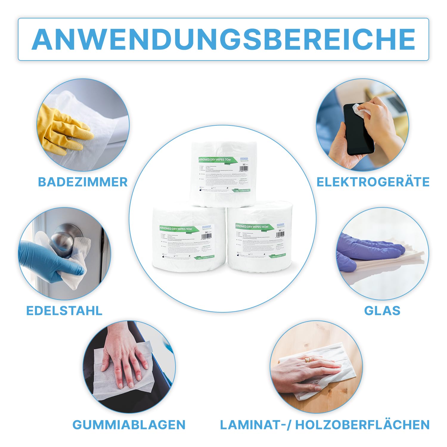 12x ARNOMED® Desinfektionstücher Trocken [140 Blatt/Rolle], Vliestücher | Flächendesinfektionstücher 15x30cm, Dry Wipes Disinfectant, Vliesrolle mit Reinigungstücher Flächendesinfektionsmittel Tücher