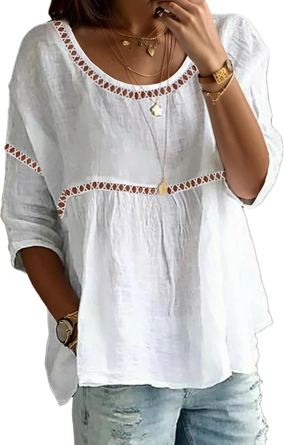 Womens Flower Embroidered Lace Patchwork Linen Top Boho Casual Half Sleeve Crewneck Shirts Oversized Blouses Tunic