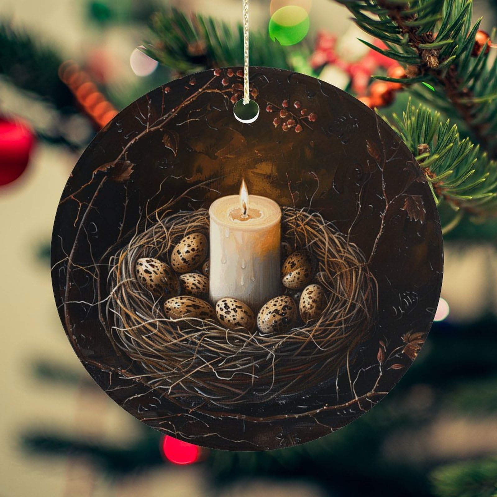 Candles and Eggs Christmas Ornament for Christmas Tree Ceramic Round Ornament Winter Holiday Keepsake Gift 2.7" Christmas Tree Hanging Decorations Circle Ceramic Pendant Xmas Gift