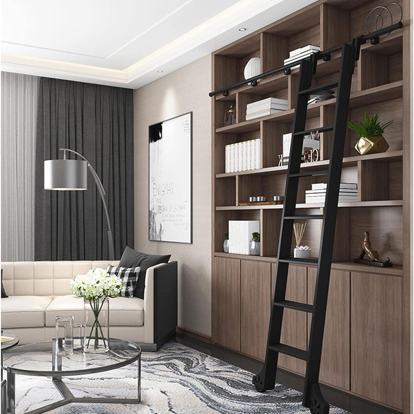 Rolling Ladder Hardware Library Sliding Barn Ladder Hardware Round Tube Track Kit for Home/Indoor/Loft/Office/Study, Floor Roller with Brake (No Ladder)(Size:24ft/7.32m Track kit)