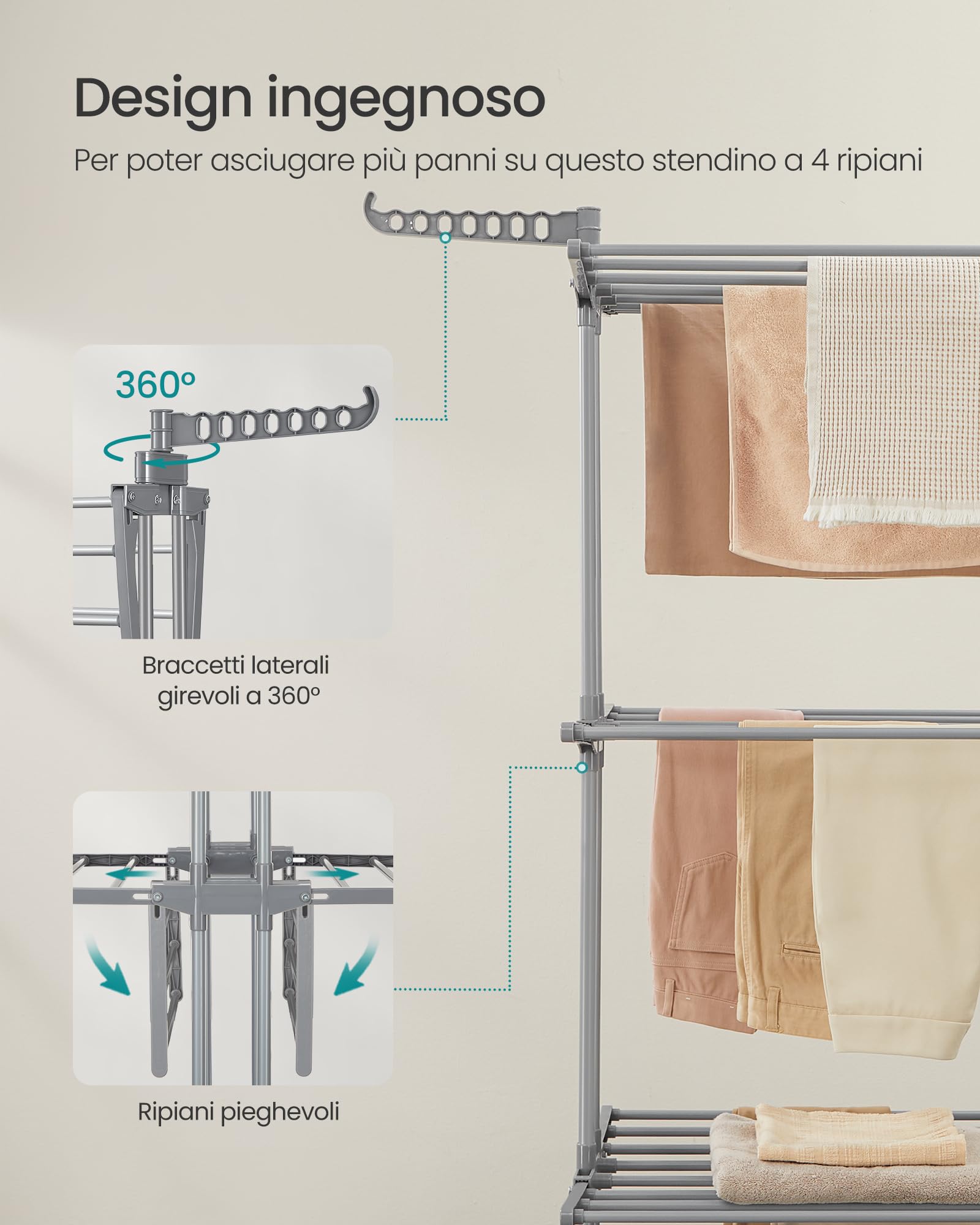 SONGMICS Stendibiancheria, Stendino Pieghevole a 4 Livelli, con Ruote e Ali Richiudibili，63,5 x (131-200) x 177,5 cm，Capiente, Uso Interno ed Esterno，Grigio Tortora LLR704G01