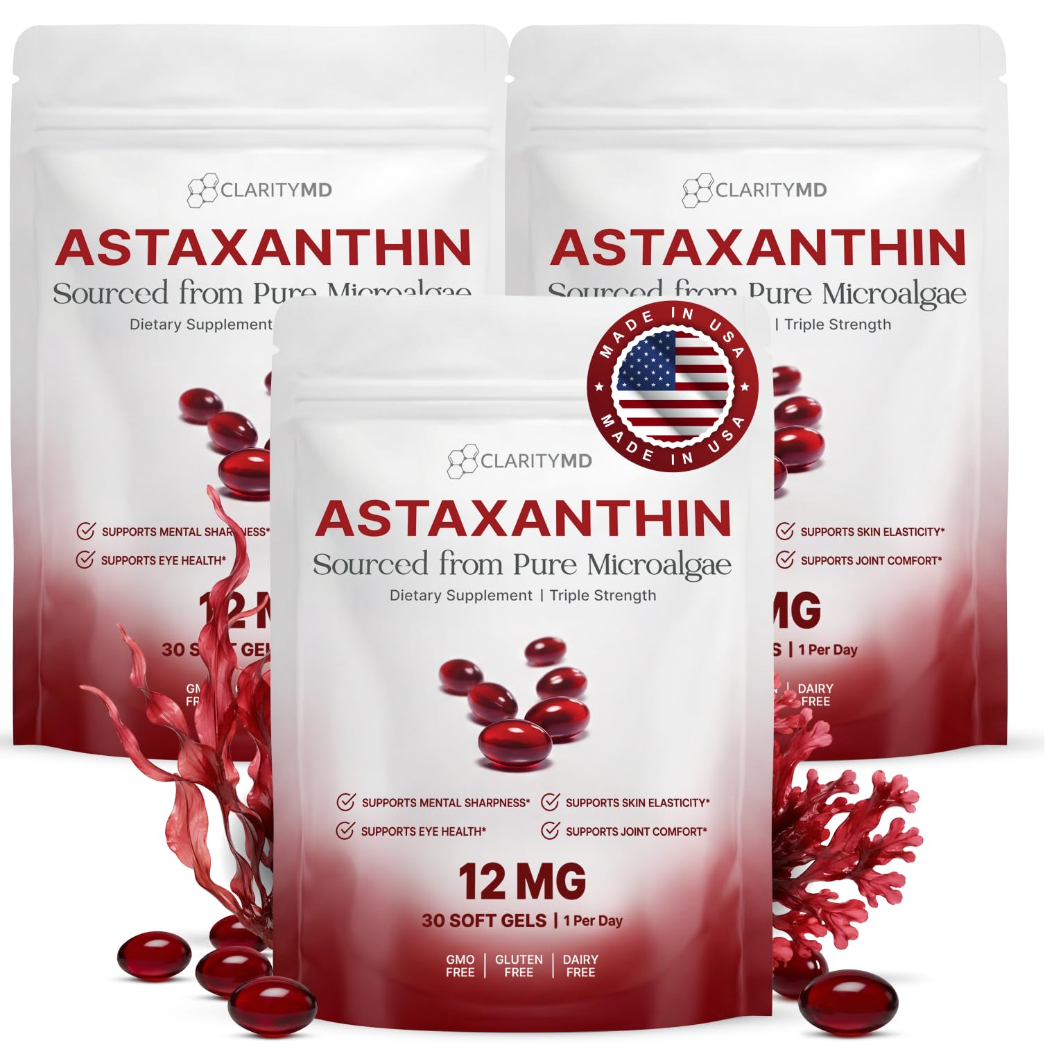Astaxanthin 12mg Antioxidants Supplement – Natural Microalgae Source – Lipid-Based Softgel for Enhanced Absorption – Cognitive, Vision &amp; Joint Support – 30 Softgels (Pack of 3)