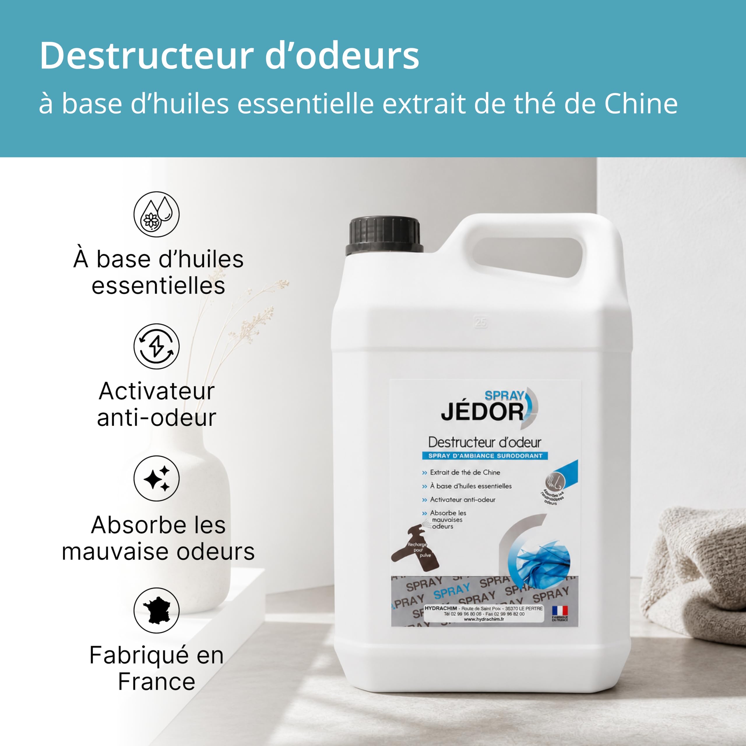 Jedor Destructeur d'Odeur Bidon 5L – Désodorisant Maison à Base d'Huiles Essentielles - Anti Odeur Efficace - Neutralise les Mauvaises Odeurs & Parfume l'Air - Grand Format Économique - Made in France