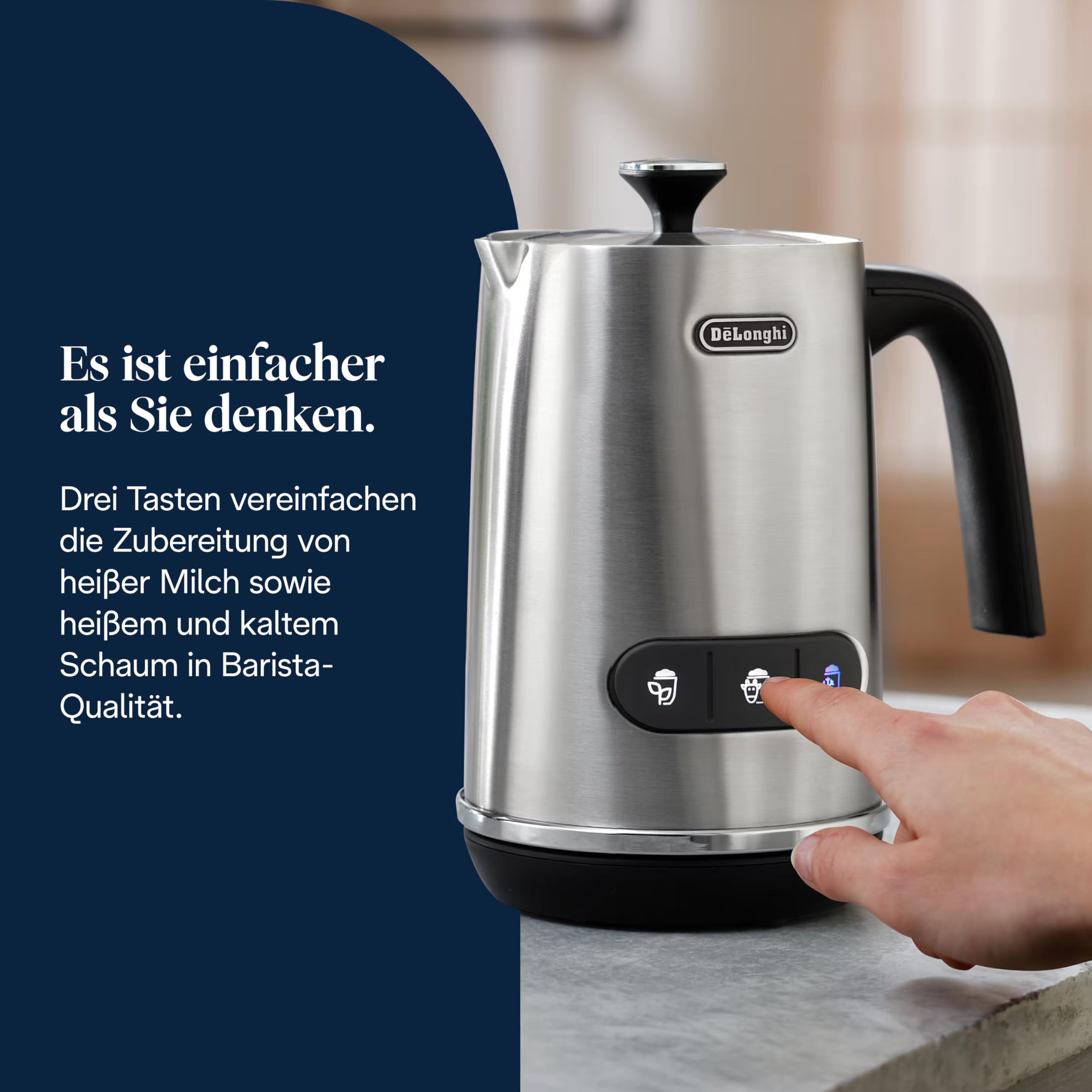 De'Longhi Elektrischer Milchaufschäumer LatteMix EMF3.M, für heiße & kalte Milch & pflanzlichen Alternativen, einfache Reinigung, transparenter Deckel, 3 Tasten, 250ml, Weiß